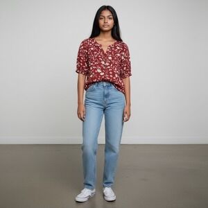 Lucky Brand Womens XS Floral Henley Top Burgundy Short Puff Sleeve Cotton‎ Modal